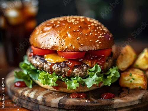 a burger and a refreshing drink. The burger  with its golden-brown bun  is generously filled with a juicy patty  crisp lettuce  and ripe tomato slices. It rests on a wooden cutting 