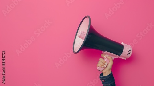 Hand holding megaphone on pink background - Active communication, information spread, advertising, sales, marketing, public, message, presentation, speaker, event, news announcements - copyspace