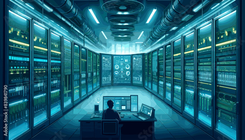 Conceptual image of a high-performance GPU performing a huge amount of calculations. Vector illustration.