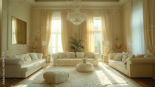 An elegant living room with a crystal chandelier and luxurious drapes.