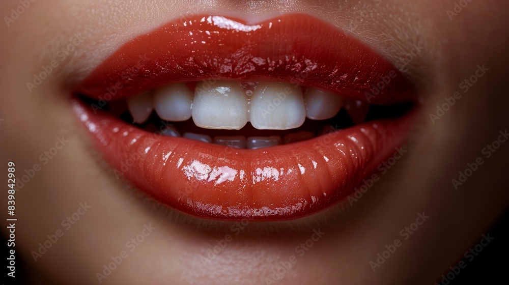 Close-up of glossy red lips and white teeth, showcasing a vibrant and attractive smile. Perfect for beauty, fashion, and cosmetic concepts. Close-up of glossy red lips and white teeth, showcasing a vibrant and attractive smile. Perfect for beauty, fashion, and cosmetic concepts.