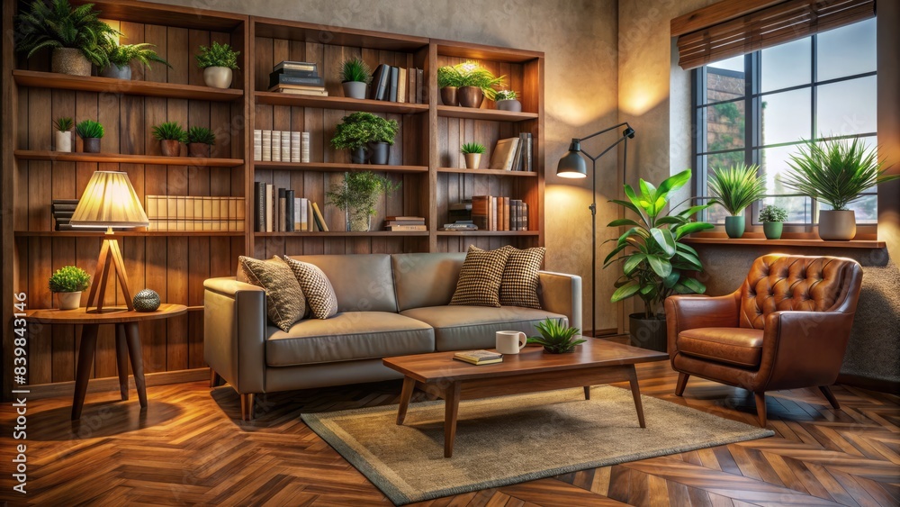Cozy, dimly lit therapist's office with a comfortable couch, a wooden desk, and a bookshelf filled with psychology books and a few decorative plants. Cozy, dimly lit therapist's office with a comfortable couch, a wooden desk, and a bookshelf filled with psychology books and a few decorative plants.