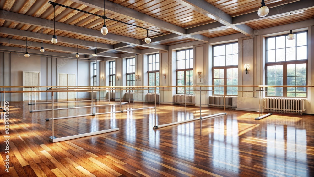 Elegant mirrors, ballet bars, and wooden floorboards create a serene atmosphere in a vacant dance studio awaiting young ballerinas to perfect their pirouettes. Elegant mirrors, ballet bars, and wooden floorboards create a serene atmosphere in a vacant dance studio awaiting young ballerinas to perfect their pirouettes.