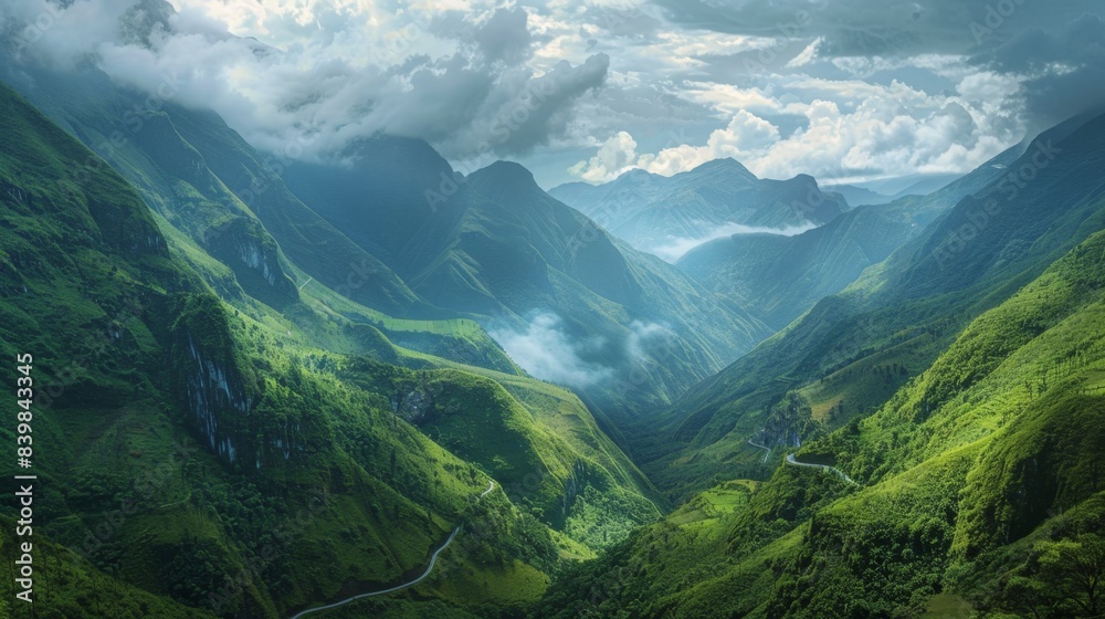 Majesty of the Mountains: Winding Road Through Majestic Mountain Range in Lush Valley - Adventure and Freedom Concept Majesty of the Mountains: Winding Road Through Majestic Mountain Range in Lush Valley - Adventure and Freedom Concept