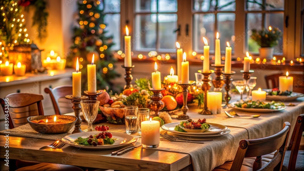 A warm and inviting dinner setting with a beautifully set table, elegant candles, and a delicious feast spread, exuding a sense of friendship and togetherness. A warm and inviting dinner setting with a beautifully set table, elegant candles, and a delicious feast spread, exuding a sense of friendship and togetherness.