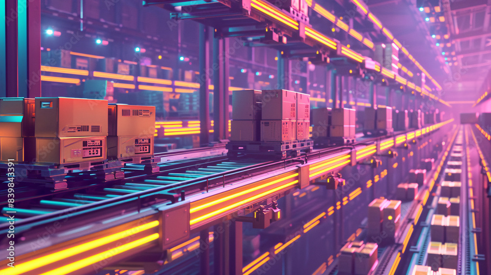 Fototapeta premium Sovereign AI coordinating logistics in a high-speed, automated warehouse, demonstrating superior efficiency and speed