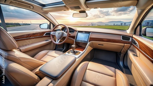 Luxurious electric vehicle interior with sleek dashboard, high-tech controls, and premium leather seats, evoking freedom and modern sophistication on the open road ahead. photo