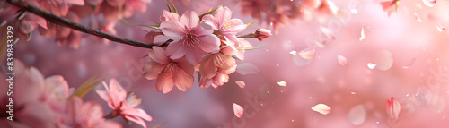 Pink cherry blossom branches in full bloom, gentle petals falling gracefully photo