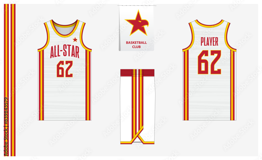 Fototapeta premium Basketball uniform mockup template design for sport club. Basketball jersey, basketball shorts in front and back view. Basketball logo design. 