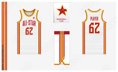 Basketball uniform mockup template design for sport club. Basketball jersey, basketball shorts in front and back view. Basketball logo design. 