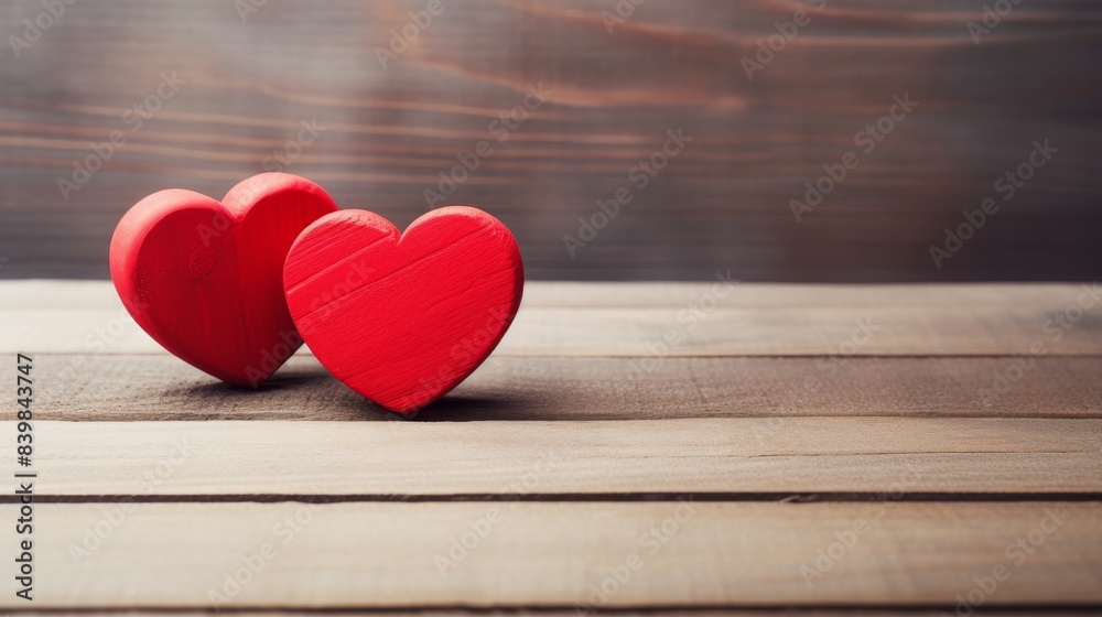Two red hearts are placed on a wooden surface. Concept of love and affection Two red hearts are placed on a wooden surface. Concept of love and affection