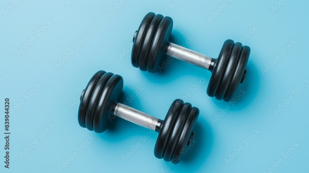 Two black dumbbells with silver bands on the ends. The dumbbells are on a blue background Two black dumbbells with silver bands on the ends. The dumbbells are on a blue background