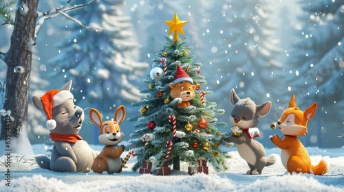 Fototapeta Naklejka Na Ścianę i Meble -  A playful scene of cartoon animals decorating a Christmas tree in a snowy forest 3D cartoon Generative AI