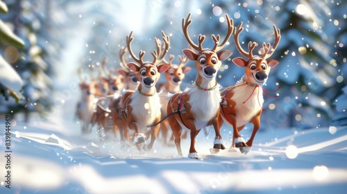 A group of cute reindeer wearing festive accessories and pulling a sleigh through a snowy forest 3D cartoon Generative AI