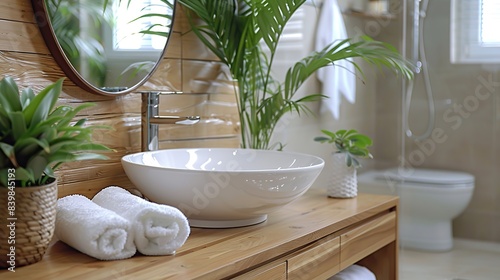 Close-up of a bathroom with a vanity mirror and a potted plant.