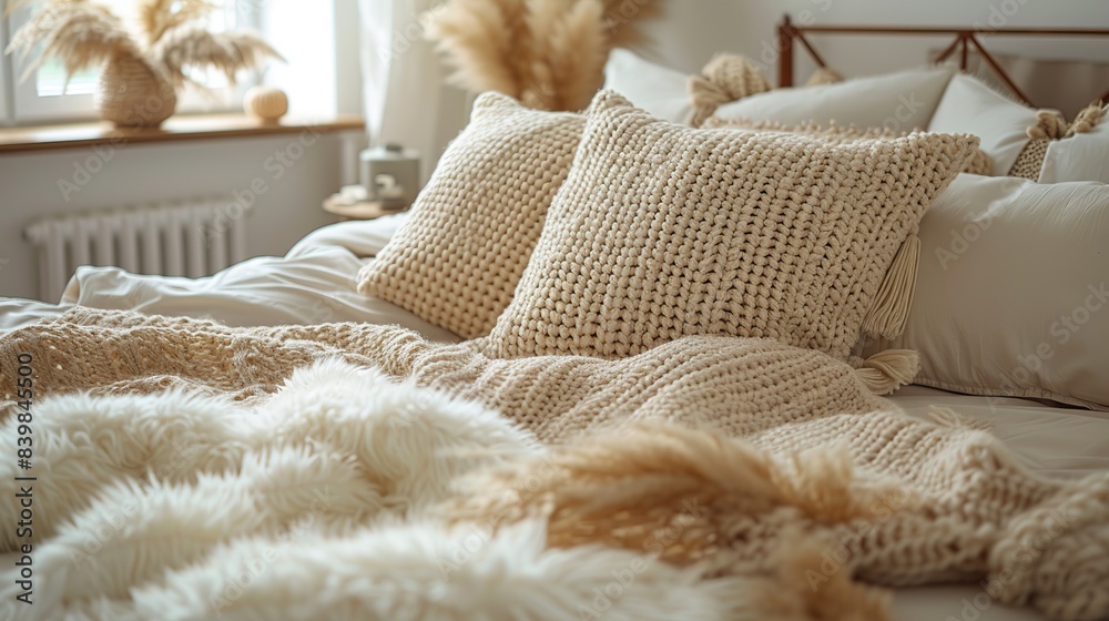Close-up of a cozy bed with a knitted throw and fluffy pillows. Close-up of a cozy bed with a knitted throw and fluffy pillows.