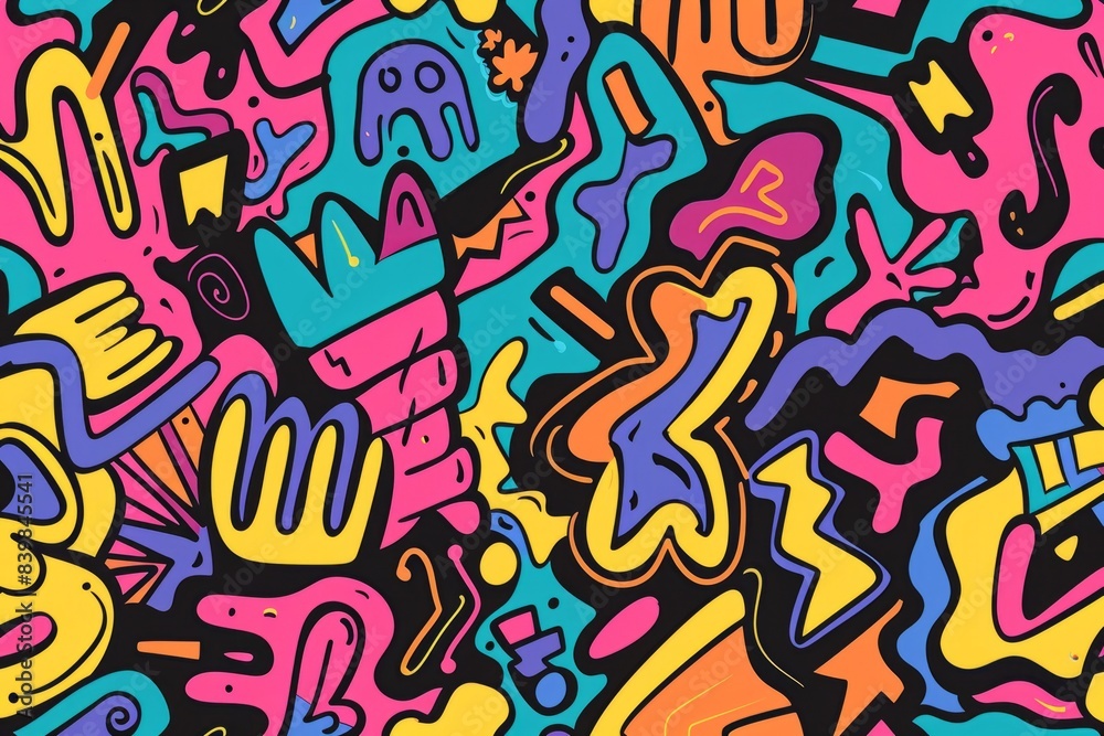 Cartoon cute doodles of abstract squiggles and zigzags with vibrant colors, Generative AI