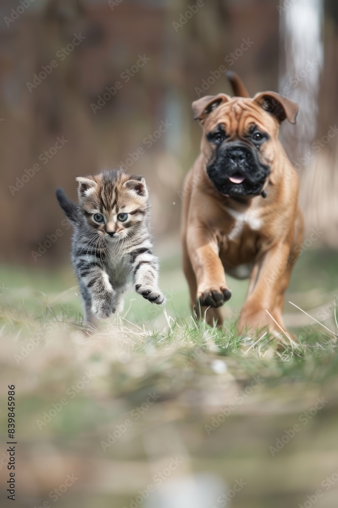 bullmastiff puppy playing with kitten in yard bullmastiff puppy playing with kitten in yard