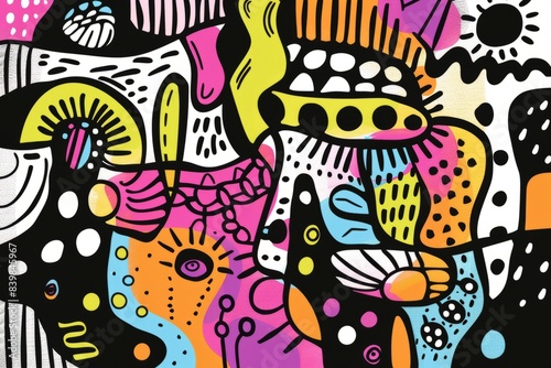 Cartoon cute doodles of colorful dots and lines forming a whimsical scene, Generative AI