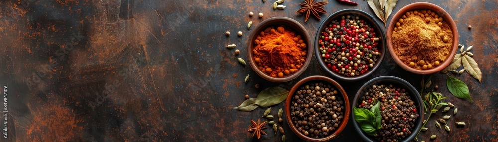 A variety of spices are displayed in wooden bowls on a white background. The spices include pepper, cumin, and chili powder. The bowls are arranged in a row, with some placed closer to the front A variety of spices are displayed in wooden bowls on a white background. The spices include pepper, cumin, and chili powder. The bowls are arranged in a row, with some placed closer to the front