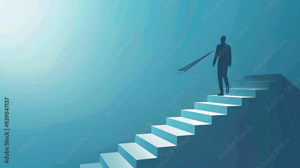 Step to success, improvement, challenge or career growth development, leadership progress, career path direction or stairway to win business concept, businessman walk up arrow stair for victory Step to success, improvement, challenge or career growth development, leadership progress, career path direction or stairway to win business concept, businessman walk up arrow stair for victory