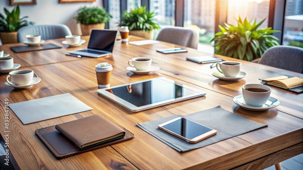 Modern office setup with tablet and coffee cups on wooden table, surrounded by futuristic gadgets and papers, conveying collaboration and innovation atmosphere. Modern office setup with tablet and coffee cups on wooden table, surrounded by futuristic gadgets and papers, conveying collaboration and innovation atmosphere.