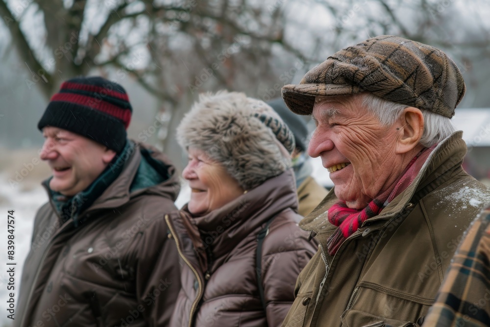 Portrait of a senior man with his family on a winter walk Portrait of a senior man with his family on a winter walk