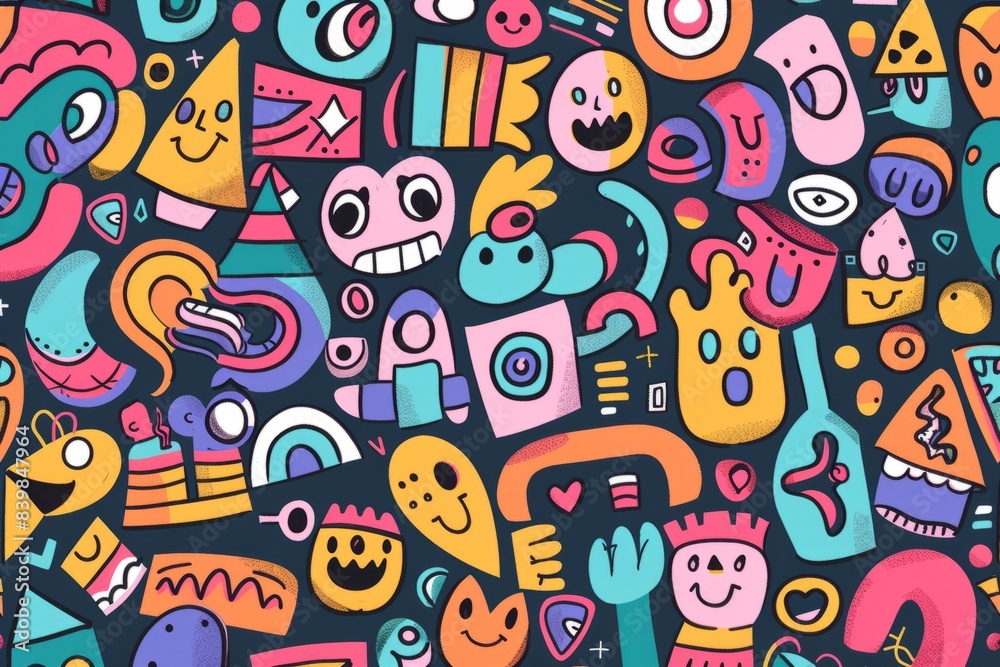 Cartoon cute doodles of vibrant patterns with geometric shapes and smiling characters, Generative AI