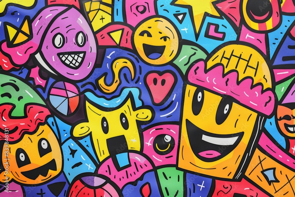 Cartoon cute doodles of vibrant patterns with geometric shapes and smiling characters, Generative AI Cartoon cute doodles of vibrant patterns with geometric shapes and smiling characters, Generative AI