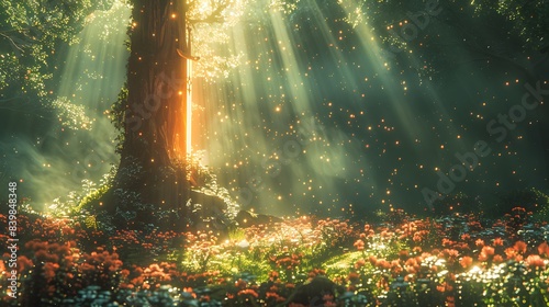 A glowing sword embedded in a tree stump, surrounded by enchanting forest foliage, Generative AI © Photochanu