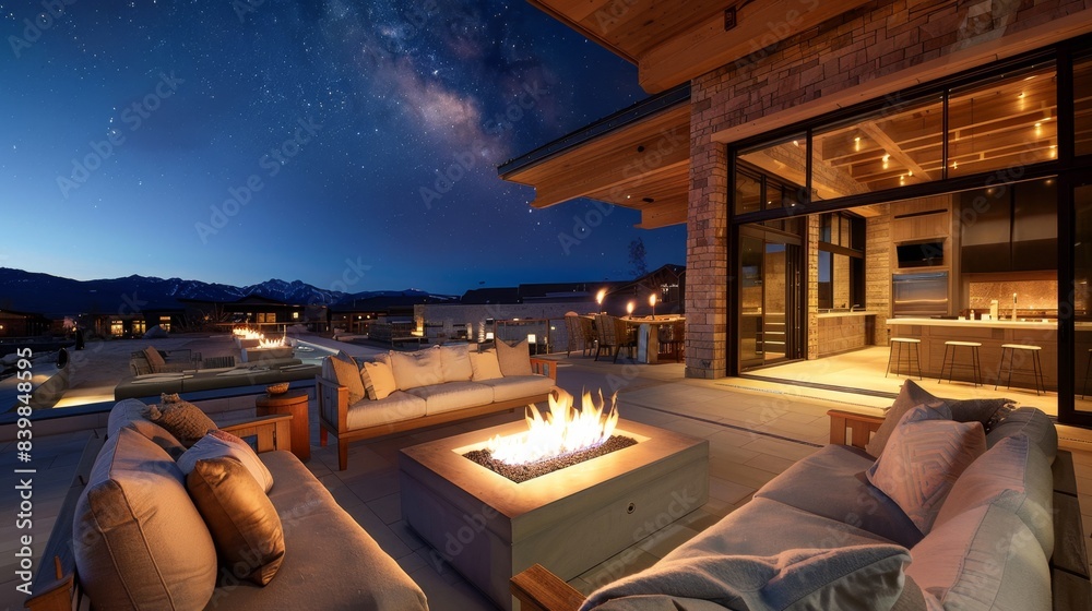 Fototapeta premium Serene Night Sky Retreat: Luxurious Outdoor Patio with Fire Pit and Cozy Seating for Socializing Under the Stars