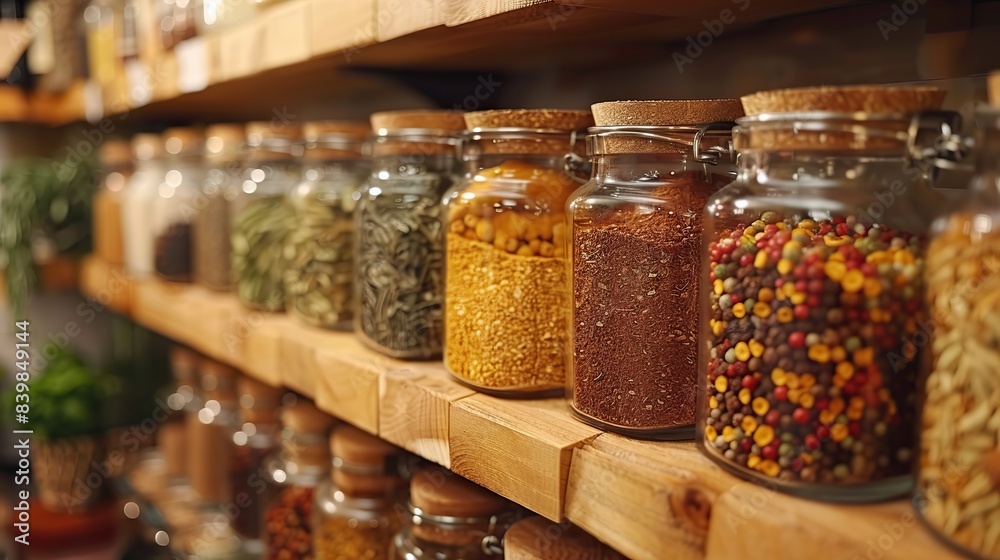 Close-up of a kitchen with a collection of spices in glass jars. Close-up of a kitchen with a collection of spices in glass jars.
