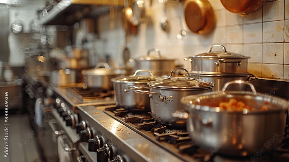 Close-up of a kitchen with a row of hanging pots and pans. Close-up of a kitchen with a row of hanging pots and pans.