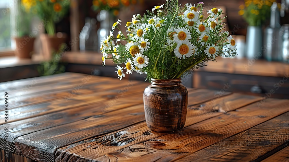 Close-up of a rustic wooden coffee table with a vase of fresh flowers. Close-up of a rustic wooden coffee table with a vase of fresh flowers.
