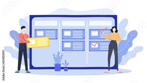 man and woman checking giant checklist background. business animated illustration video