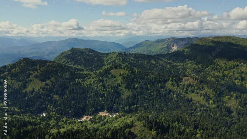 panorama of mountainous area at high altitude, forest and reservoir, aerial view panorama of mountainous area at high altitude, forest and reservoir, aerial view