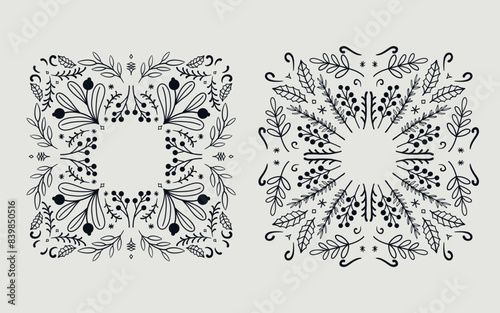 Floral frame with christmas element. line art style.