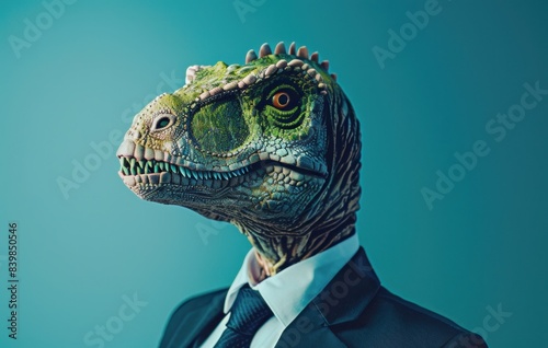 Dapper tyrannosaurus rex in business attire on blue background a playful blend of travel and fashion