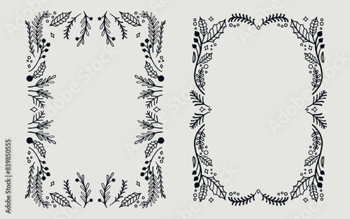 Floral frame border with christmas element. line art style.