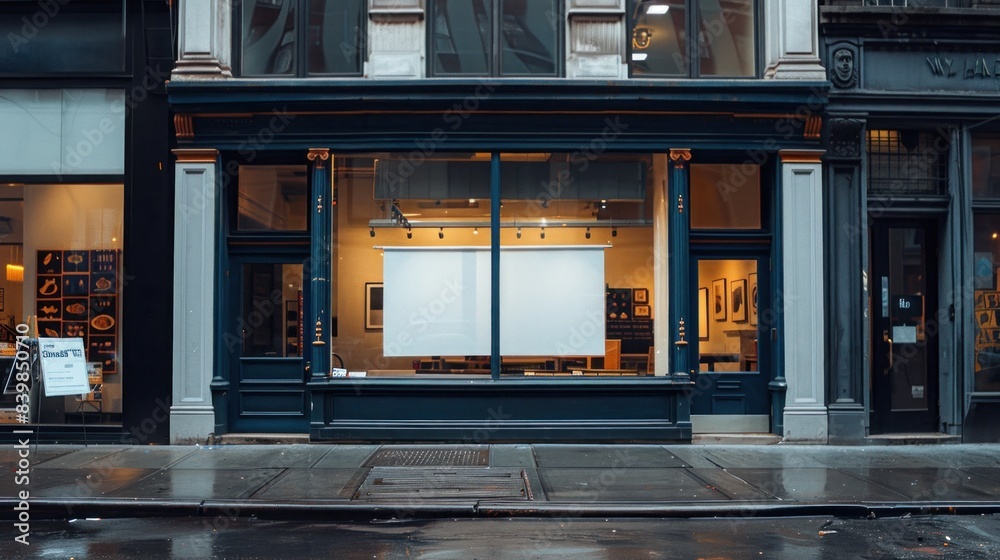 In a bustling cityscape, a blank storefront awaits transformation into a professional hub for mockup creation and delivery food services. In a bustling cityscape, a blank storefront awaits transformation into a professional hub for mockup creation and delivery food services.
