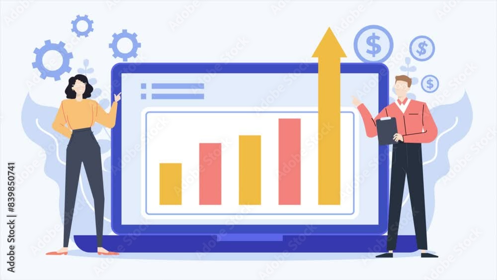 A man and a woman standing in front of a bar chart discussing stock market cooperation trends. business animated illustration video A man and a woman standing in front of a bar chart discussing stock market cooperation trends. business animated illustration video