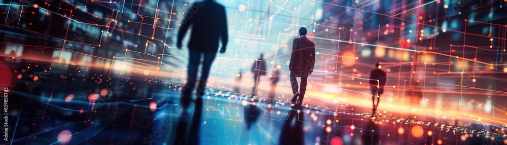 Fototapeta premium Show a 3D representation of identity theft with shadowy figures stealing digital profiles, selective focus, theme personal security, surreal, Multilayer, cyber cityscape backdrop