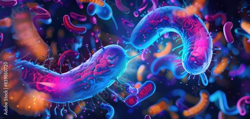 Microbiome ecosystem within the human gut, selective focus microbial diversity futuristic Composite backdrop of anatomical diagrams photo
