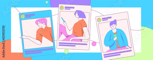 Virtual characters social communication concept business flat vector hand drawn illustration
