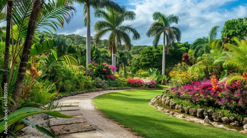 Tranquil Tropical Garden Paradise with Colorful Flowers, Palm Trees, and Serene Pathway © Wiwat