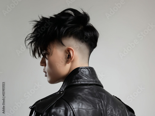 A woman with a black undercut and leather jacket. photo