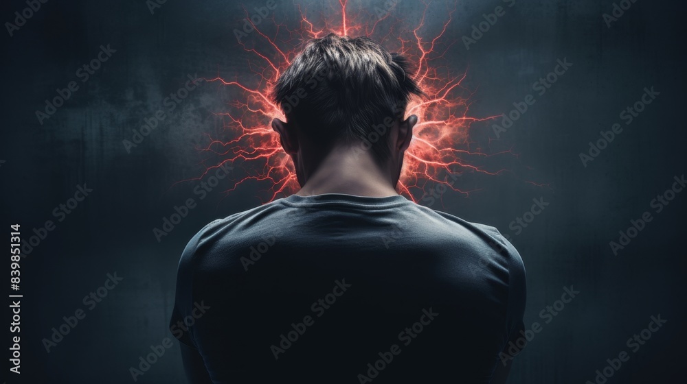 A man is sitting with his hands on his head. He looks sad and is staring off into the distance