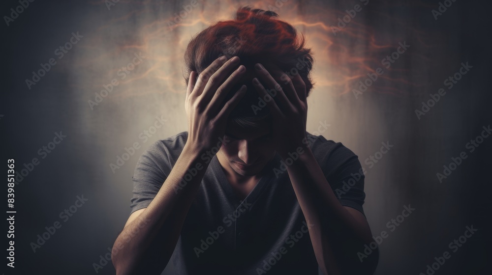 A man is sitting with his hands on his head. He looks sad and is staring off into the distance A man is sitting with his hands on his head. He looks sad and is staring off into the distance