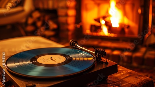 Nostalgic Vibes: Vintage Record Player Spinning Vinyl by Cozy Fireplace