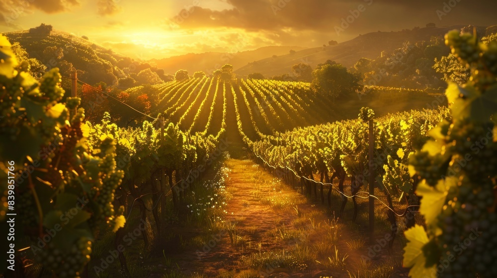 Fototapeta premium Serene Pathway through a Golden Vineyard Landscape with Endless Rows of Grapevines in Warm Sunlight